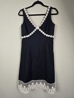 J.Crew Navy Sheath Dress Size 10 White Crochet Lace Trim V-Neck Career Midi